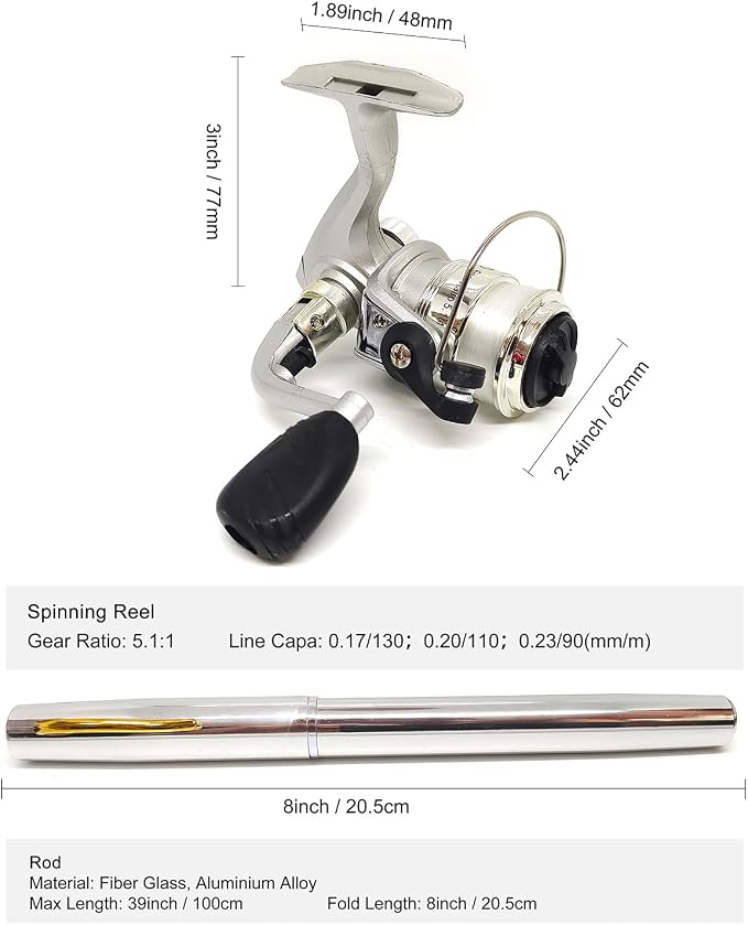 Portable Mini Small Fishing Rod and Spinning Reel Combos, Compact 38inch Pocket Pen Fishing Pole Telescopic with Line Lures Hooks for Raft, River, Lake, Ice Fishing and So On