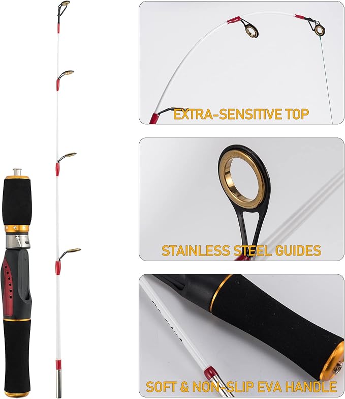 Dr.Fish Ice Fishing Rod and Reel Combo, Ice Fishing Pole Gear Spinning Reel Equipment Set Backpack Chair Jigs Lures Accessories