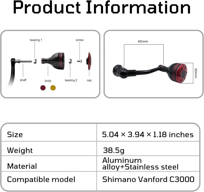 63mm (2.48 Inch) Replacement Fishing Reel Handle - Compatible with Shimano FL/FM Stella Vanford Vanquish Nasci