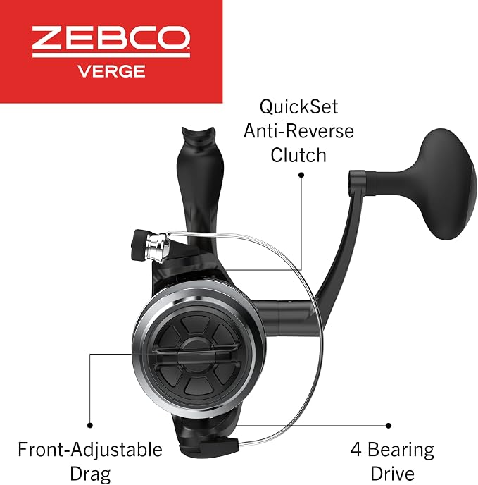Zebco Verge Spinning Fishing Reel, Right or Left-Hand Retrieve, Pre-Spooled with Zebco Fishing Line, All-Metal Gears, TRU Balance Rotor, Black