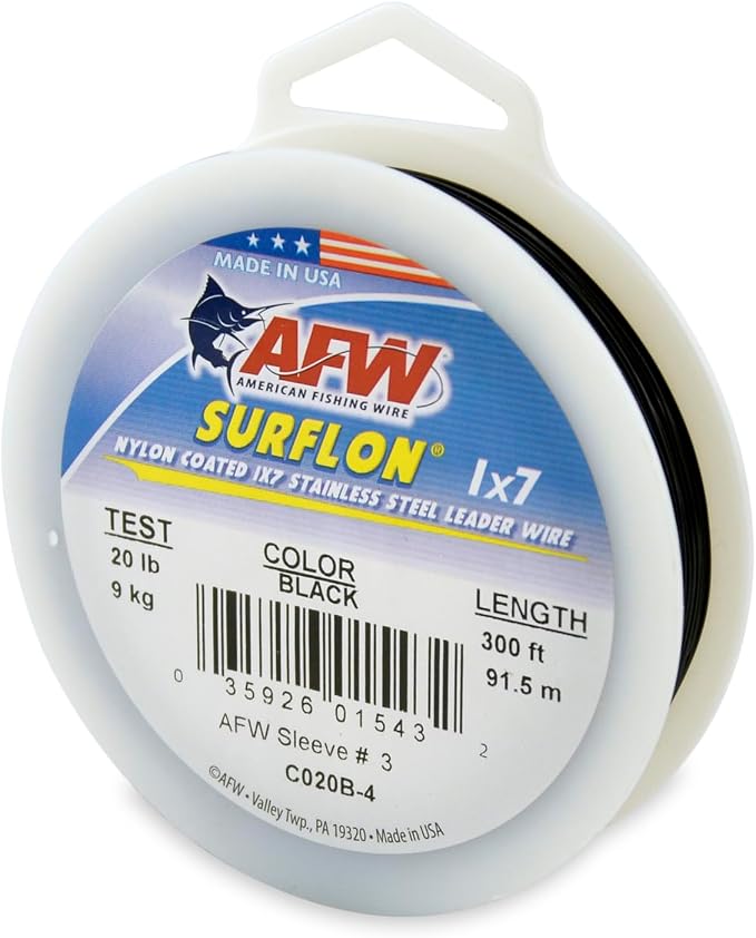 American Fishing Wire Surflon Nylon Coated 1x7 Stainless Steel Wire Leader - Wire Fishing Leader Line for Saltwater 10lb Up To 250lb Test in Bright, Black, Camo in 30ft, 100ft, 300ft, & 1000ft Lengths