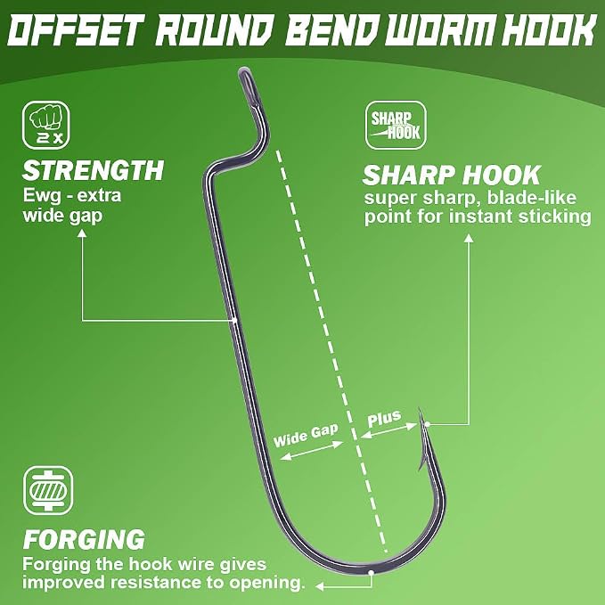 Offset-Worm-Hooks-for-Bass-Fishing-Round Bend Plastic Worms Texas Rig Hook Black Red 1/0 2/0 3/0 4/0