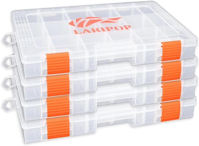 LARIPOP 4-Pack 3600 Fishing Tackle Boxes, Clear Plastic Storage Trays with Adjustable Dividers, Organizer for Lures, Hooks, Sinkers, Jigs & Fishing Accessories