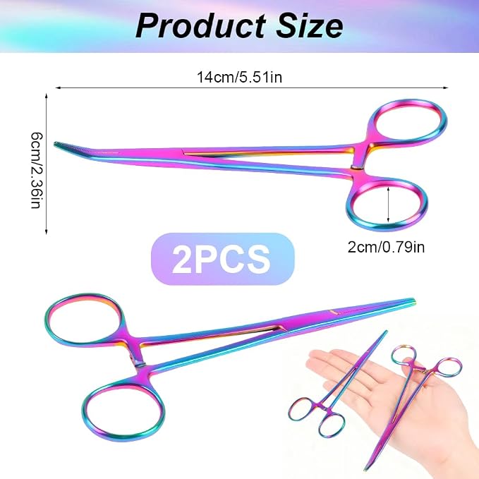 Ainiv 2 Piece Hemostat Curved and Straight Stainless Steel Self-Locking Fishing Forceps Piercing Remover Tool Piercing Grabber Tool for Nurses Pet Grooming Care Fishing DIY Crafting (Colorful, 5.5")