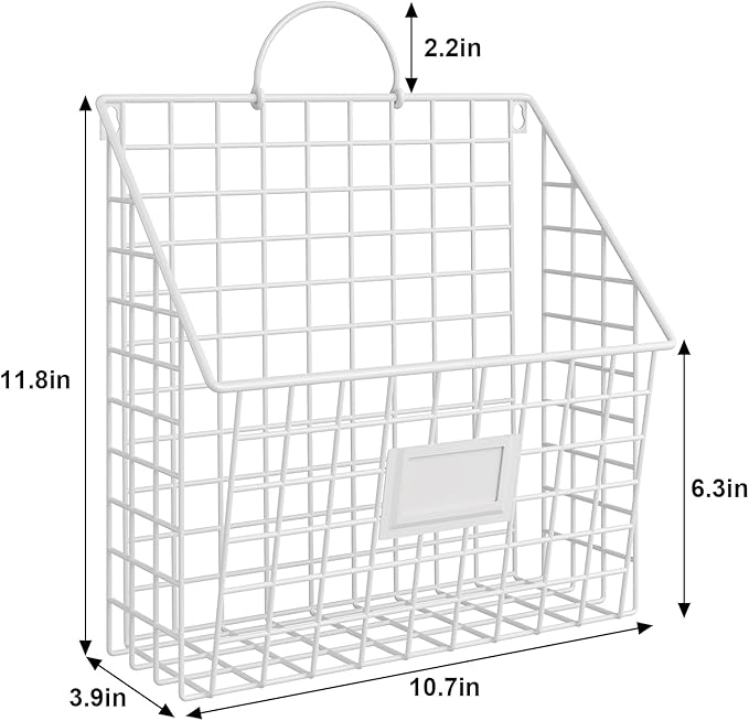 Wall File Organizer Metal Hanging File Organizer,Wall Mount File Holder, Magazine Rack and Mail Holder with Hooks for Home Office, 4 Packs, White(Patent Pending)