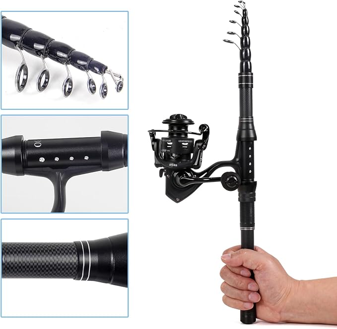 Telescopic Fishing Rod and Reel Combo, 5.9FT, 6.8FT, 7.5FT Carbon Fiber Travel Fishing Pole Full Kit with Carrier Bag & Lures, Solid Tip Portable Gear for Adults Beginners