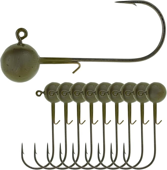 Reaction Tackle Lead Ball Jigs - Soft Plastic Jig Heads with Hook - Bass Walleye Crappie Panfish Redfish - Round Head Design - Freshwater Saltwater - 10-Pack