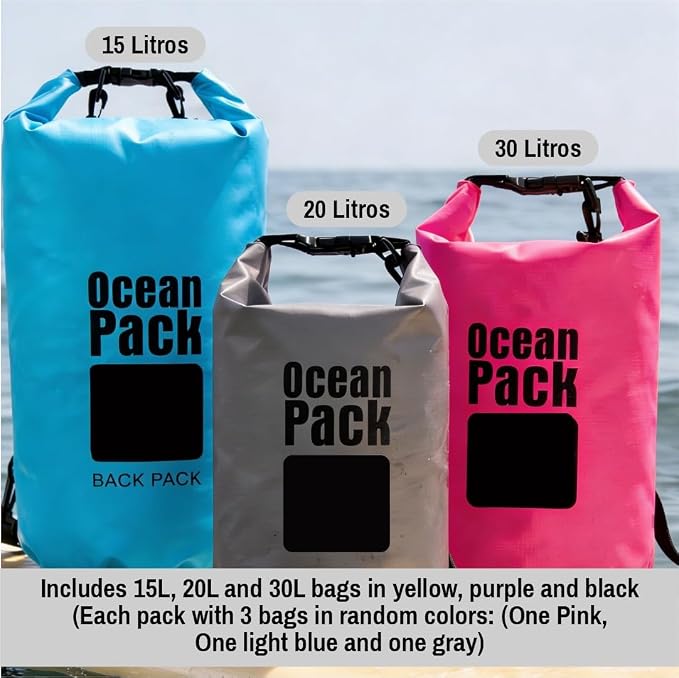 Waterproof Dry Bag Set of 3 (15L 20L 30L) - PVC Roll Top Dry Bags Waterproof - Backpack for Kayaking, Camping, Beach & Travel (Pink, light blue, gray)