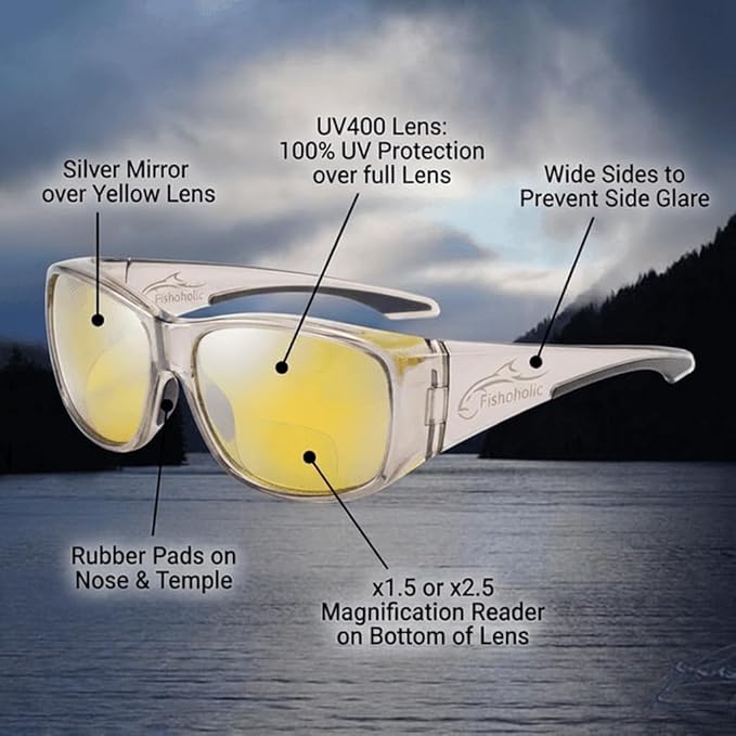 Fishoholic Polarized Bi-Focal Fishing Sunglasses with Reader Magnification (1.5x, 2.0x, 2.5x Options) and UV400 Protection