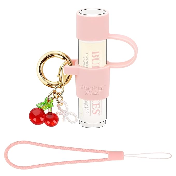 Silicone Chapstick Holder Key Chain with Cute Cherry Keychain Bag Charm Portable Lip Balm Holder Sleeve Chapstick Keychain Holder with Wrist Strap Lanyard - Pink