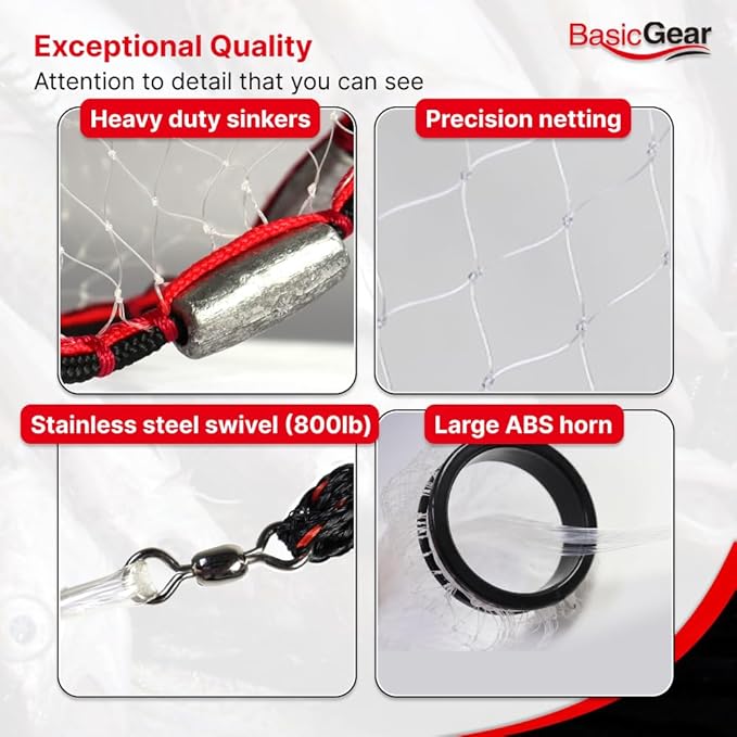 BasicGear Cast Net | Lead, 3ft-12ft Radius, 3/8 or 1/4 inch Mesh for Freshwater and Saltwater Bait Fish| Professional Grade and Upgraded Material | Throw Style