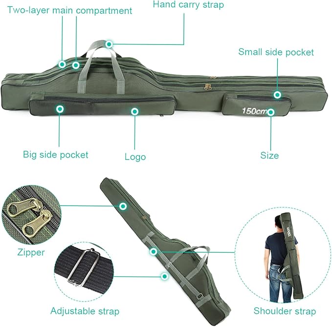 Fishing Rod Case with Fishing Tackle Box Portable Folding Rod Case Pole Reel Storage Bag Gears Organizer (150CM)