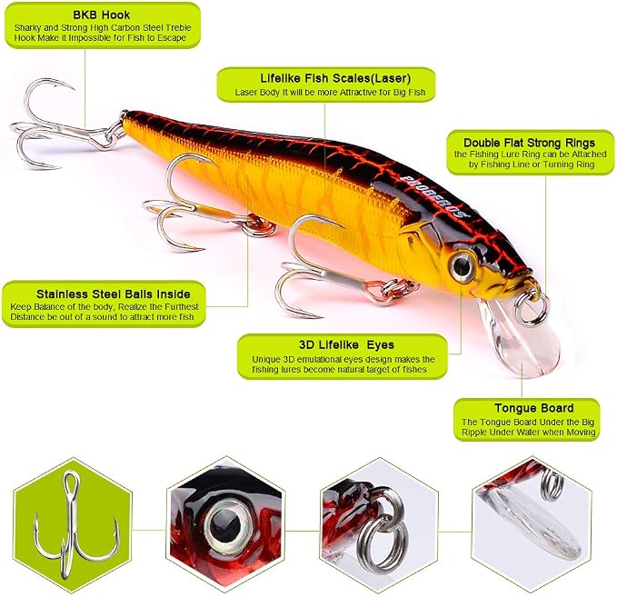PROBEROS Minnow Bass Fishing Lures - Jerkbait Sinking Lure Set Hard Baits Crankbait for Trout Catfish Musky Bluegill Fishing Topwater Lures Plug 6Pcs/kit