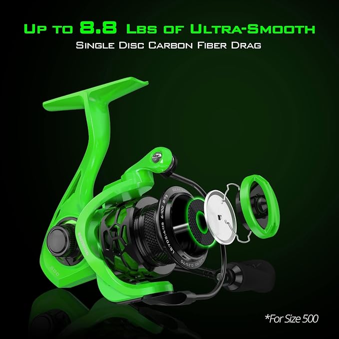 KastKing Zephyr Spinning Reels – 7+1/6+1 BB – Carbon Fiber Drag – Stainless Steel Shaft – Aluminum & CNC Spool – Black/Green/Orange – Sizes 500/1000 SFS – ICE Fishing Ready Reels!
