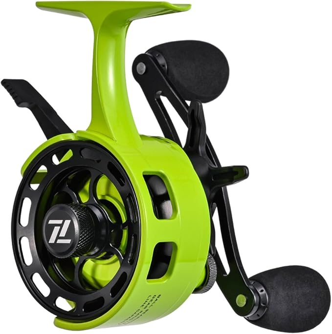 Ice Fishing Reel with Magnetic Drop, 3.2:1 Gear Ratio Inline Reel, 3+1 Ball Bearings Two-Way for Spool Lever for Winter Ice Fishing(left hand yellow-green)