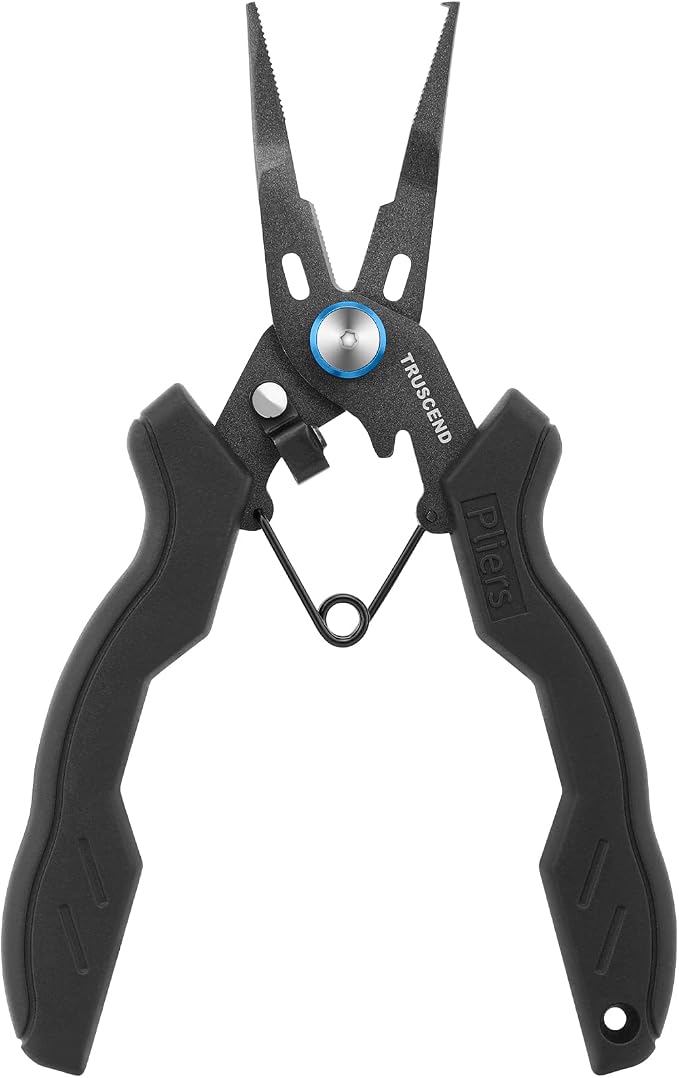 TRUSCEND Easy Use Lockable Fishing Pliers with Tungsten Carbide Cutter, Innovative Ergonomic Handy Handle, Saltwater Corrosion Resistant Teflon Coated Fishing Tool, Light Multi-Function Fishing Gear
