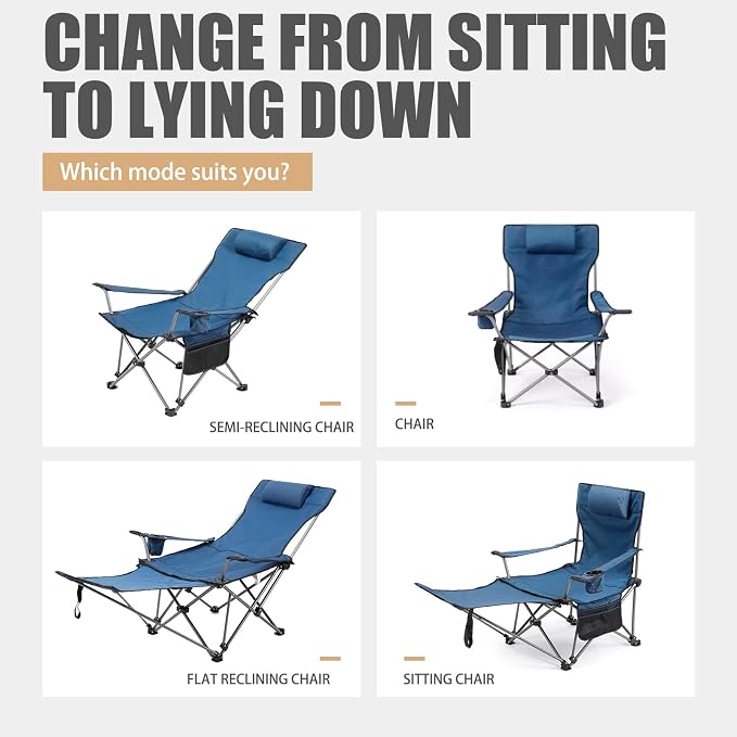 Reclining Folding Camping Chair with Removabel Footrest, Adjustable Folde Camping Chair with Foot Rest, Camp Lounge Outdoor Beach Chair, Oxford Fabric Reclining Design with Pillow Cup Holder, Blue