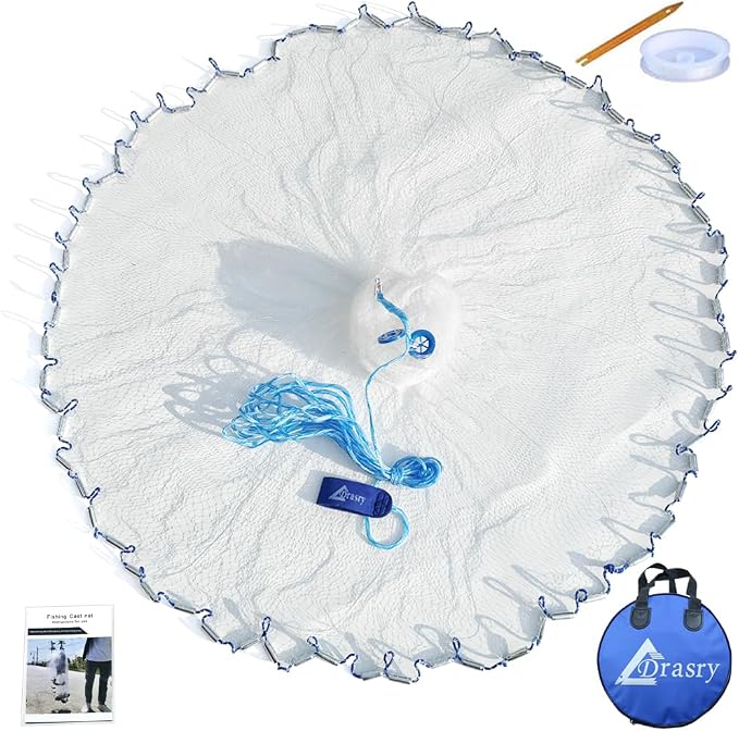 Drasry Saltwater American Fishing Cast Net 3/8inch Mesh Size for Bait Shrimp Trap Fish Heavy Duty Sinkers Throw Net 3FT/4FT/5FT/6FT/7FT/8FT/9FT/10FT Radius