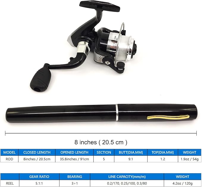 Pocket Mini 38inches Telescopic Pen Fishing Rod and Reel Combo, Portable Fishing Pole with Line Lure Hook for River Lake Reservoirs Ice Etc