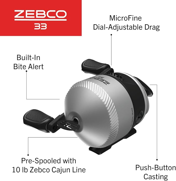Zebco 33 Spincast Reel and Fishing Rod Combo, 6-Foot 2-Piece Fiberglass Rod with EVA Handle, Quickset Anti-Reverse Fishing Reel with Bite Alert