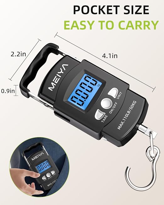 MEIYA Digital Fish Scale & Fishing Scale with Comfortable Handle - 110lb/50kg High-Accuracy Fishing Gear, Professional Fishing Gifts for Men, Comfort-Grip Hanging Scale for Large Fish, Luggage