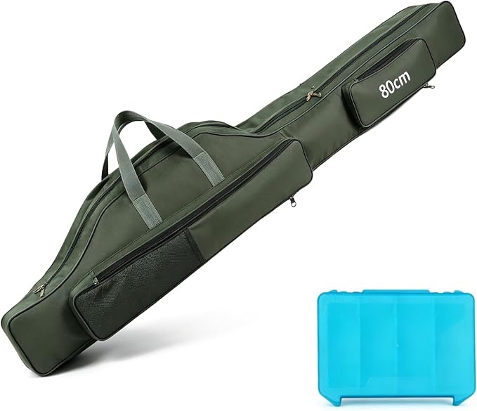 Fishing Rod Case with Fishing Tackle Box Portable Folding Rod Case Pole Reel Storage Bag Gears Organizer (80CM)