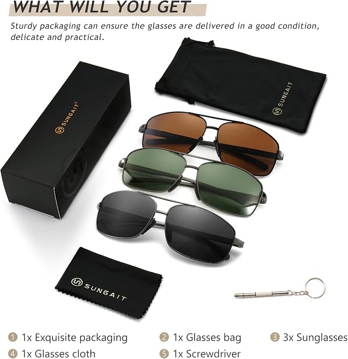 SUNGAIT Ultra Lightweight Rectangular Polarized Sunglasses Men UV400 Protection