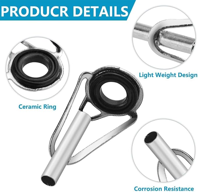 50 Pieces Fishing Rod Tip Repair Kit Rod Tips Kit Replacement for Freshwater Saltwater Rods Stainless Steel Ceramic Ring Guide Replacement Kit