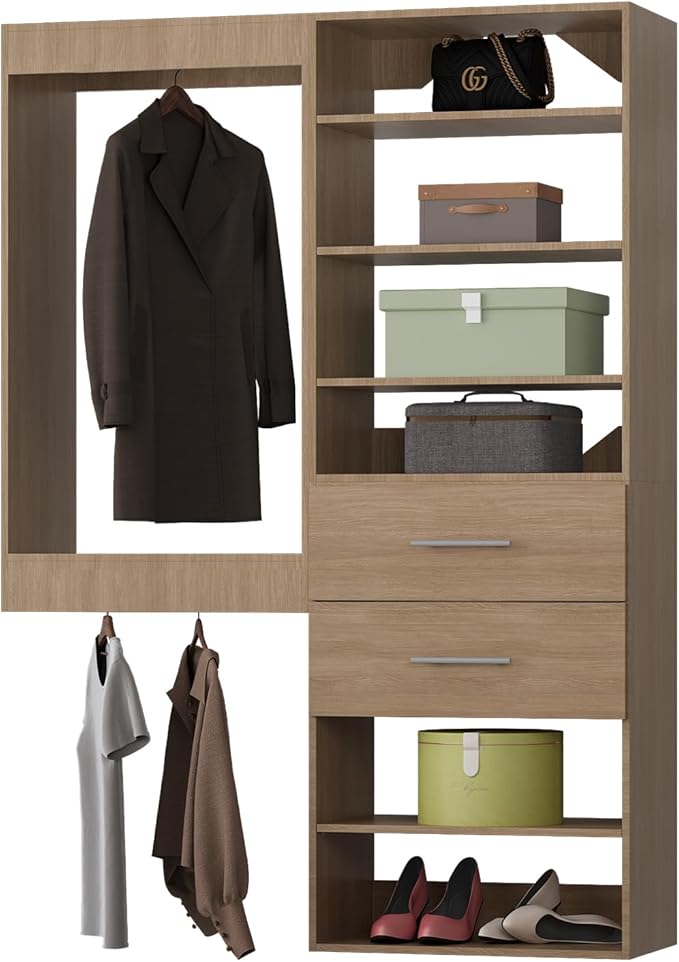 ROOMTEC Modular Closet System, 52" Wall Mounted Closet Organizer with Hanging Rods and Drawers, Wooden Tower for Walk-In Closets, Wardrobe Storage Kit, Wood