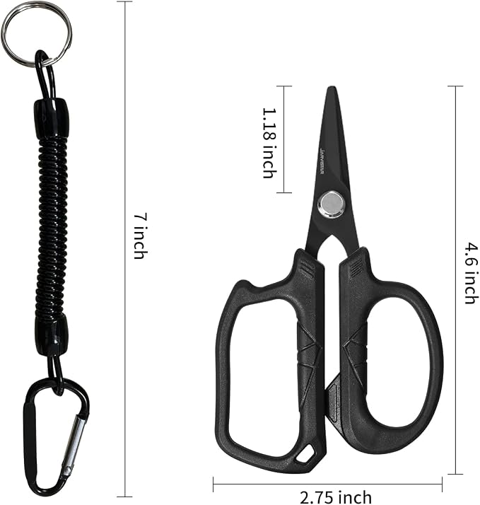 JARVISTAR 4.65" Fishing Scissors - Heavy Duty Line Cutter with Spring Clip Keychain, Dual Serrated Stainless Blades - Cuts Braided, Mono & Fluorocarbon Lines for Saltwater & Freshwater Black