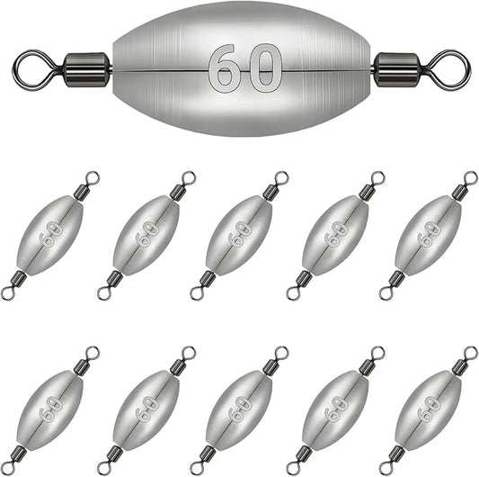Inline Trolling Weights with Swivel, Fishing Sinkers for Catfish Bass Saltwater Freshwater, Anti-Twist Smooth Rolling Egg Sinker Design, Assorted Sizes Fishing Weights Kit