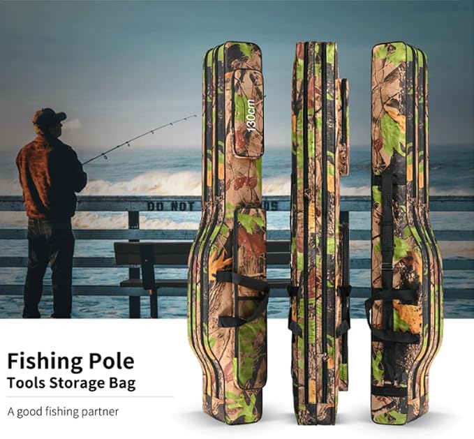 Folding Fishing Rod Case, Travel Fishing Pole Bag for 2-3 Rods with Reels Attached, Waterproof Oxford Storage Organizer with 3 Layers - 51 inch