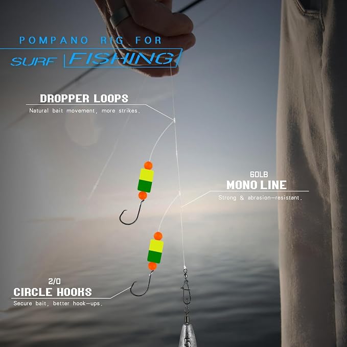 Pompano Rig Saltwater Surf Fishing Rigs – Double Drop Leader Rigs with Hooks, Floats, Beads & Snap – Easy Pre-Tied Terminal Tackle for Pompano, Whiting, Redfish