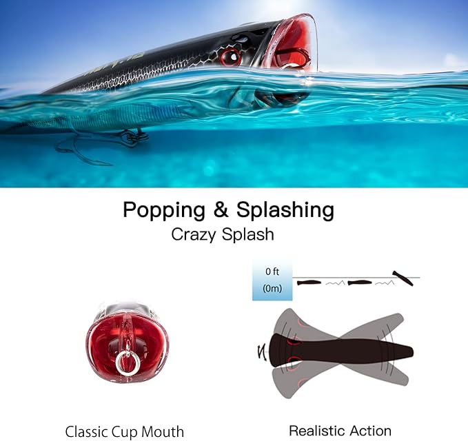 Dr.Fish Popper Saltwater Fishing Lures, 4/5.5 Inches GT Popper VMC Treble Hooks Surf Fishing Lures for Bass Striper Pike Salmon Offshore