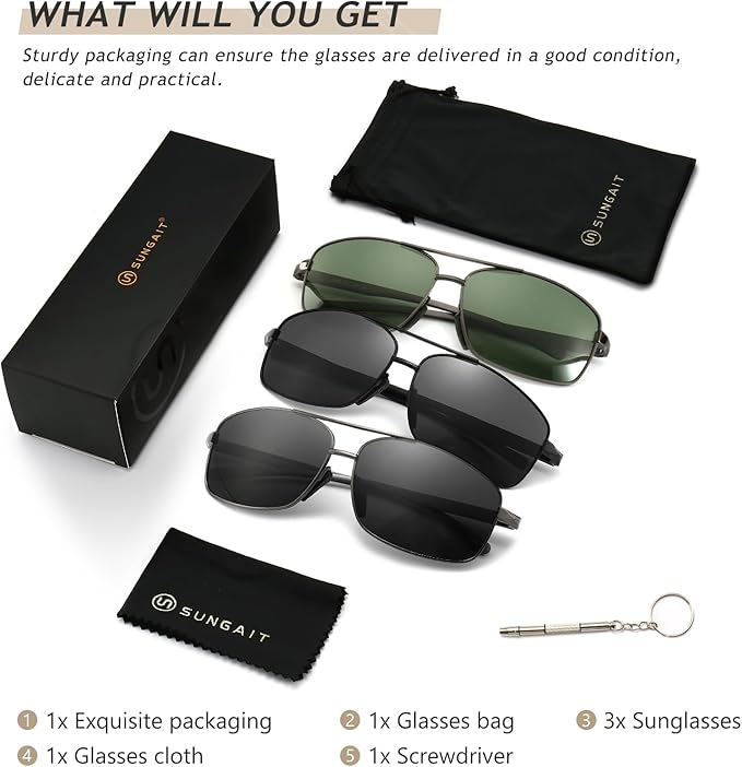 SUNGAIT Ultra Lightweight Rectangular Polarized Sunglasses Men UV400 Protection