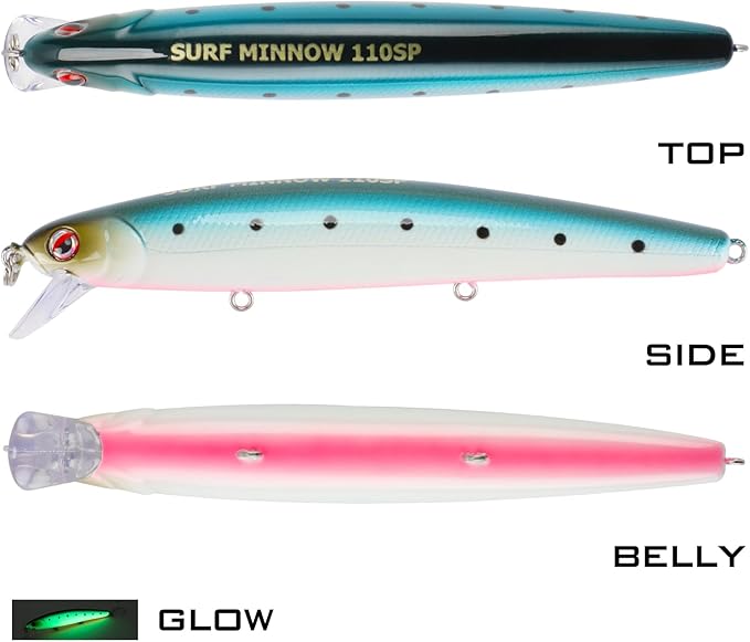 LITTMA California Surf Fishing Lures Saltwater Jerkbait Crankbait Surf Minnow 110/125 - Metallic Sardine Super Glow & Pearl Pink Belly Glow Lures for Halibut & Striper Fishing