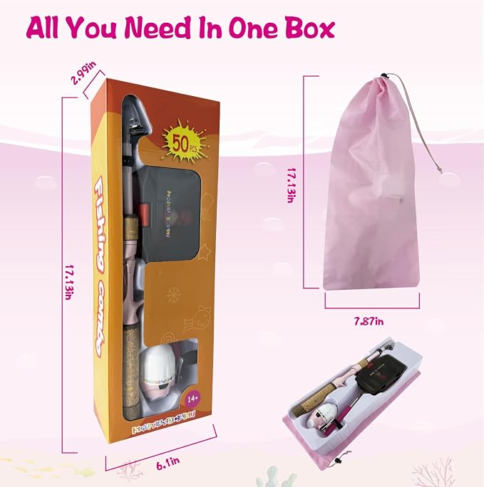 Kids Rod Set, Kids Fishing Rod and Reel Combo and Fishing Net Tackle Box with Fishing Lure Hook and Bag for Girls Beginners, Kids, Youth Anglers