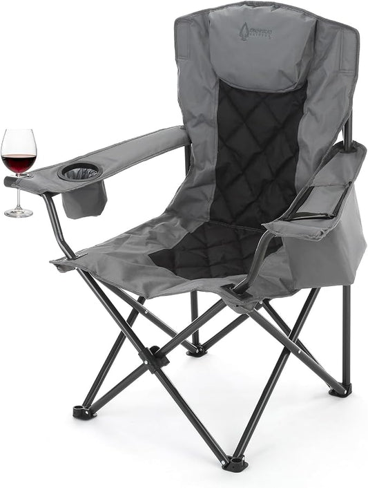 ARROWHEAD OUTDOOR Portable Deluxe Folding Camp Quad Chair w/Headrest, Glass & Cup Holders, Armest 6-can Cooler, Heavy Duty Carry Bag, 550 lbs Weight Capacity