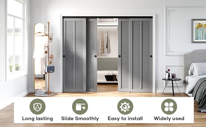 EaseLife 8FT/96in Bypass Double Sliding Pocket Door Hardware Kit,Commercial Grade,Aluminum,Bypassing Wardrobe Closet Door Track for 4 Door System,Slide Smoothly Quietly,Easy Install,Black,No Door