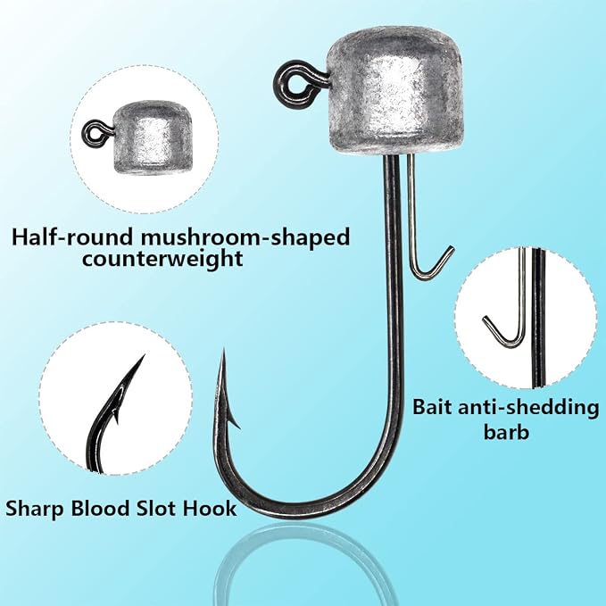 50 Pack Ned Rig Jig Hook Kits, Jig Heads for Soft Lures, Standard Fishing Jig Hooks, 3/8oz 1/8oz 1/6oz 1/4oz
