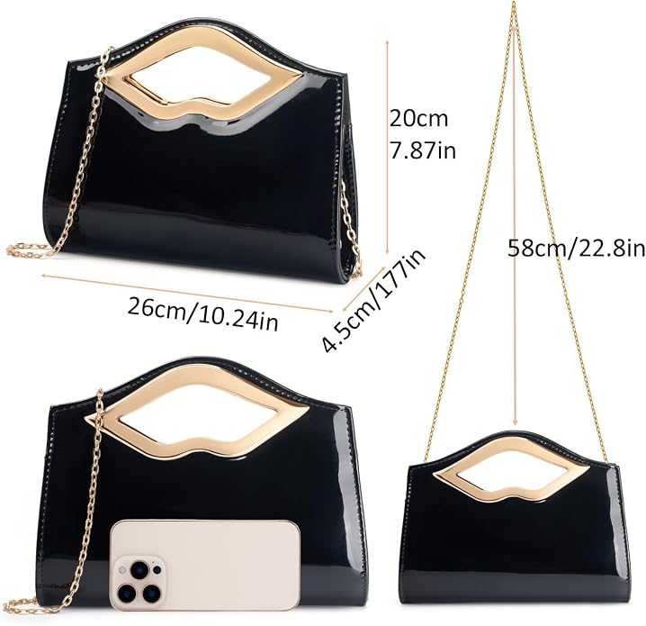 DETARA Patent Leather Evening Clutch Purse for Women Lip Metal Grip Handle Handbag for Cocktail Party Prom