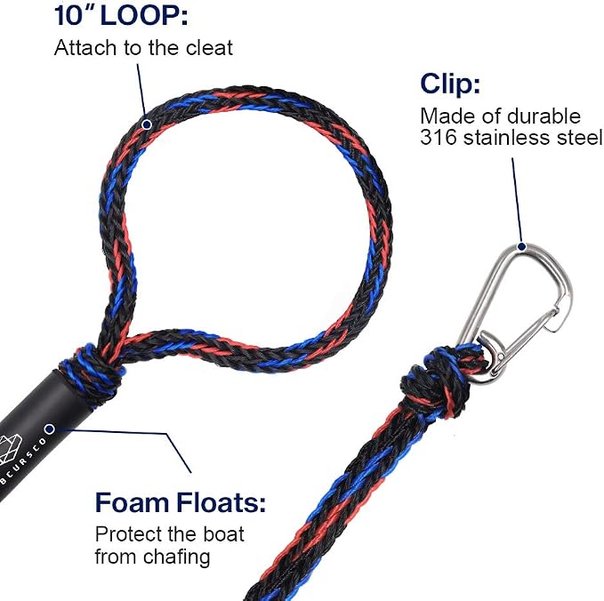 Obcursco Heavy Duty Boat Dock Lines (7ft & 14ft) - 1/2" Marine Mooring Rope with 316 Stainless Steel Clip - Accessories for PWC, Pontoon, Center Console, Jet Ski (Black/Red/Blue, 2 Pack)