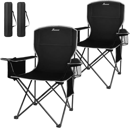 Romswi 2 Pack Lightweight Camping Chairs for Adults, Folding Outdoor Chair with 4-Can Cooler Bag, Collapsible Chair with Cup Holder for Camping, Beach, Lawn, Fishing, Black