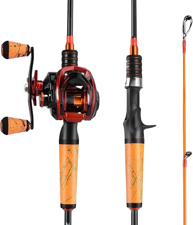 One Bass Fishing Rod and Reel Combo, Medium Fast Baitcasting Combo, 24-Ton Carbon Fiber 2 Pieces Fishing Poles with Baitcaster Reel Super Polymer Handle