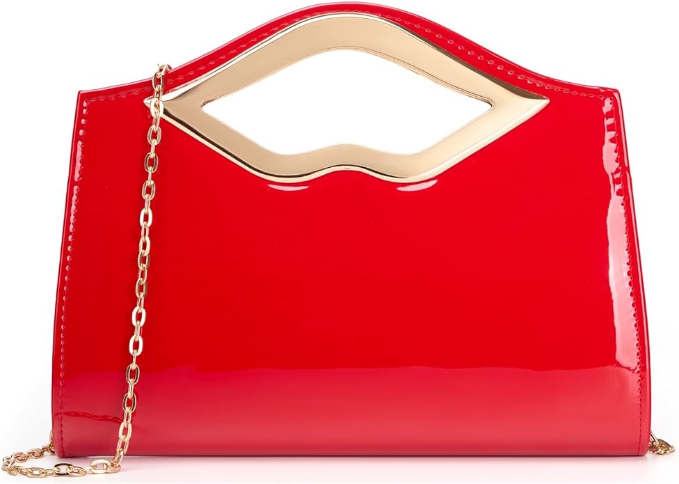 DETARA Patent Leather Evening Clutch Purse for Women Lip Metal Grip Handle Handbag for Cocktail Party Prom