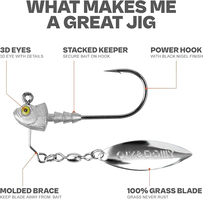 6-Pack Underspin Jig Heads with 100% Brass Blade (Never Rust) - 3/16oz, 1/4oz, 3/8oz, 1/2oz - Bass & Saltwater Fishing