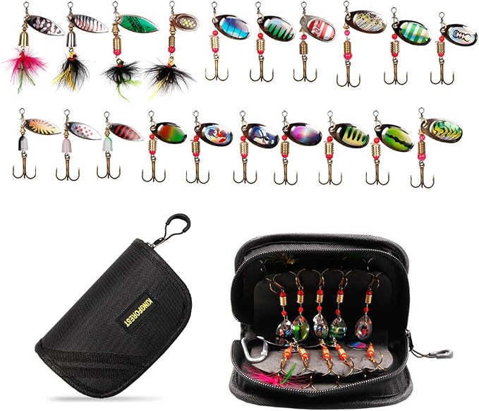 KINGFOREST 10-20pcs Fishing Lures Spinnerbait for Bass Trout Salmon Walleye Hard Metal Spinner Baits Kit with Tackle Box