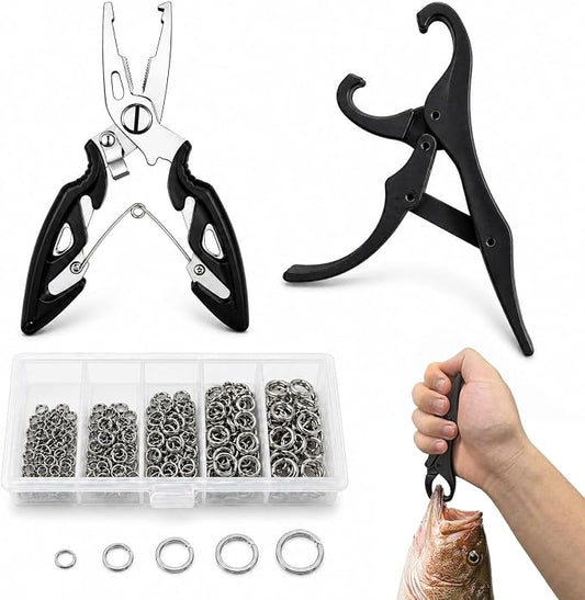200PCS Fishing Split Rings Kit, Split Ring Pliers & 4.7'' Fish Lip Gripper, 5 Sizes Heavy Duty Stainless Steel Lure Hook Connectors, 30-120lb Tackle Assortment for Saltwater Freshwater Fishing