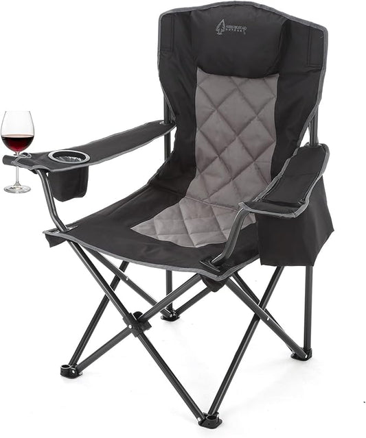 ARROWHEAD OUTDOOR Portable Deluxe Folding Camp Quad Chair w/Headrest, Glass & Cup Holders, Armest 6-can Cooler, Heavy Duty Carry Bag, 550 lbs Weight Capacity