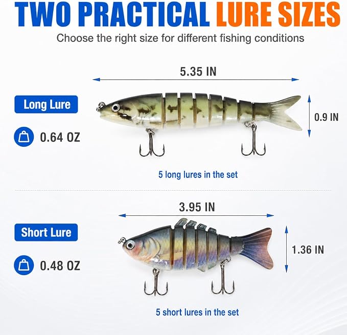SANWEAL 6PCS Multi Jointed Fishing Lures Kit, 2 Size Slow Sinking Swimbait Hard Baits with 3D Eyes and Treble Hooks, Segmented Baitfish Artificial Fishing Bait for Bass Trout Freshwater Saltwater